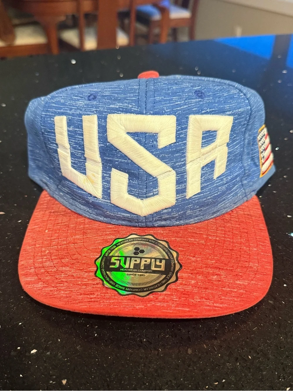 USA Embroidered Snapback Hat - Blue Crown, Red Brim
